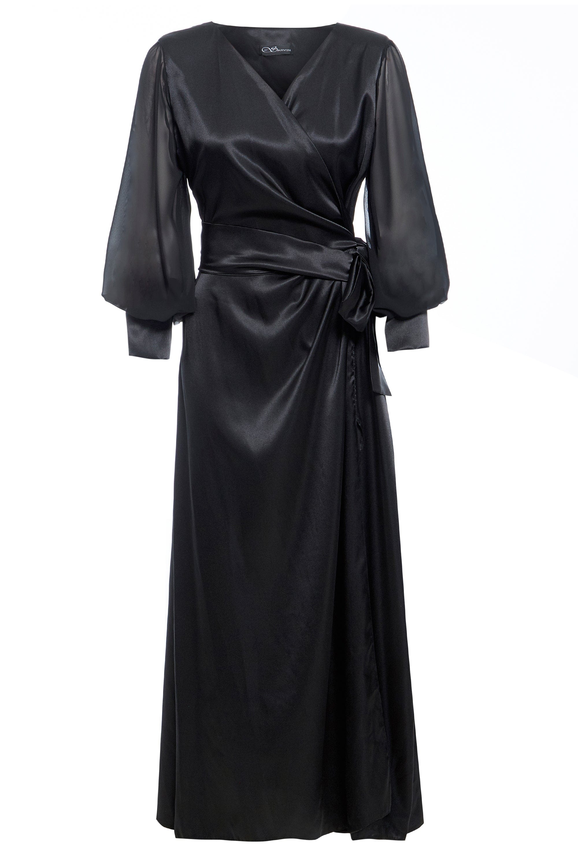 Amber | Black Satin Wrap Maxi Dress ...
